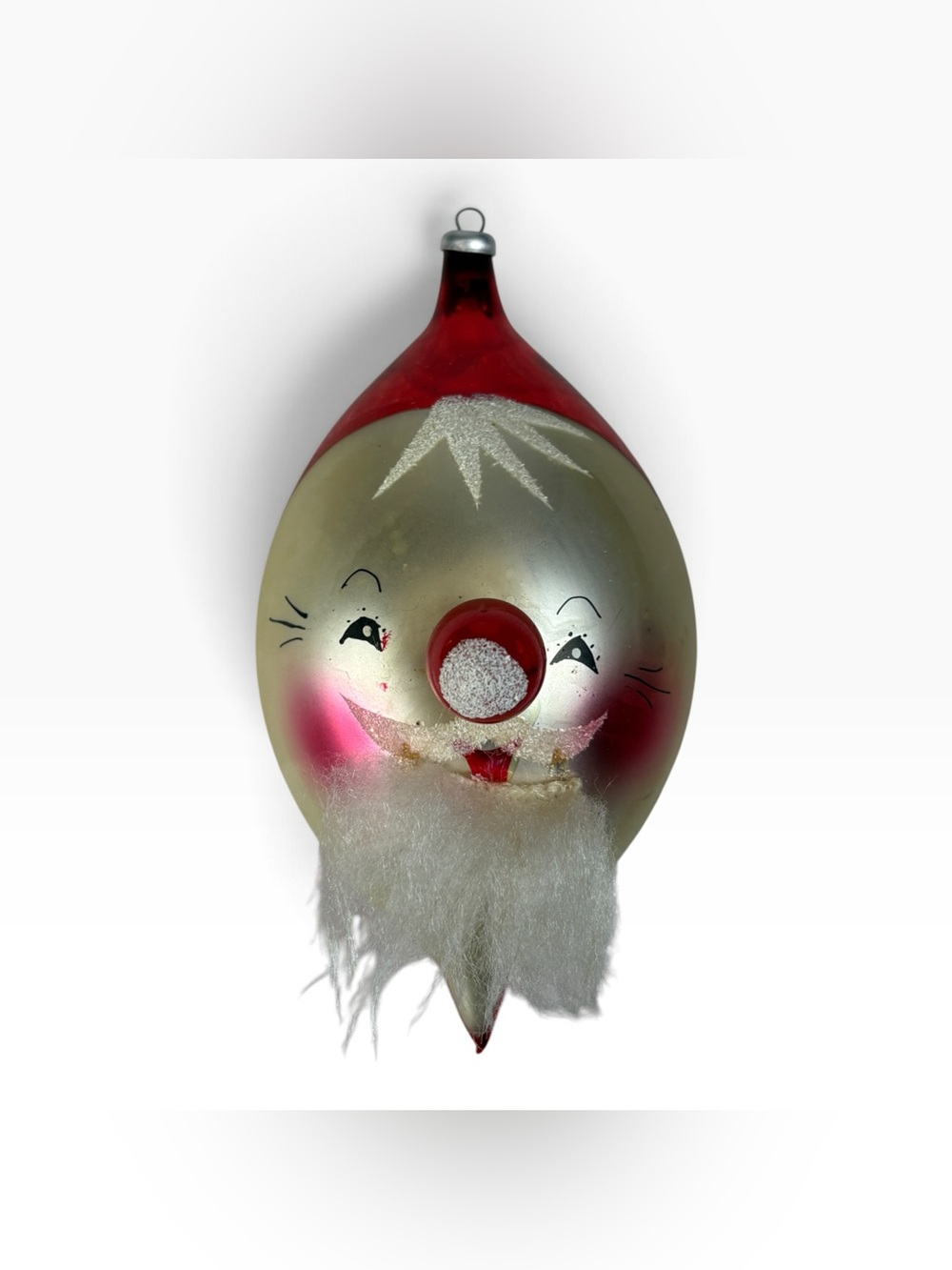 Vintage De Carlini Glass Christmas Ornament Unsilvered SANTA Cotton Beard Italy